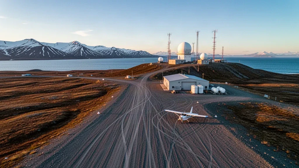 Schotterpiste und Radarkuppeln am Flughafen Tin City Long Range Radar Station im abgelegenen Alaska unter einem dramatischen arktischen Himmel.