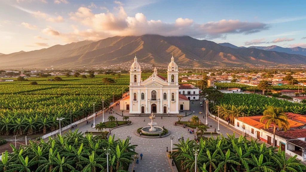 Vue aérienne de Machala, El Oro, Équateur, avec la cathédrale, la place centrale et les plantations de bananes sous la lumière de l'heure dorée.