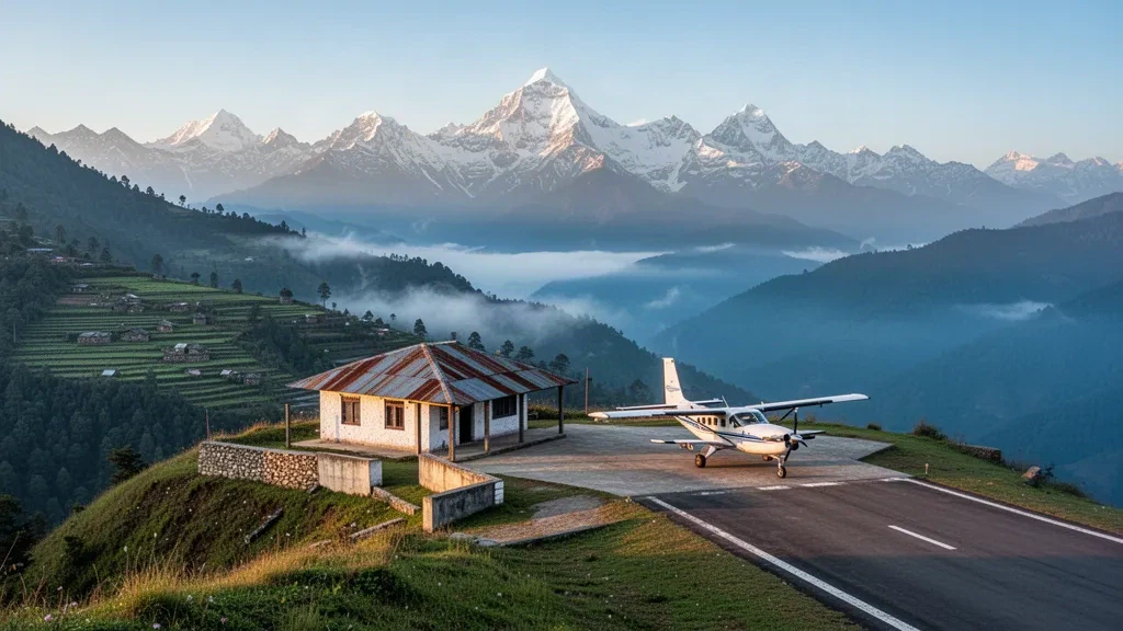 Nepal'in Taplejung kentindeki Suketar Havalimanı'nda küçük STOL pisti ve terminal, karlı Himalaya zirveleri ve sabah sisi