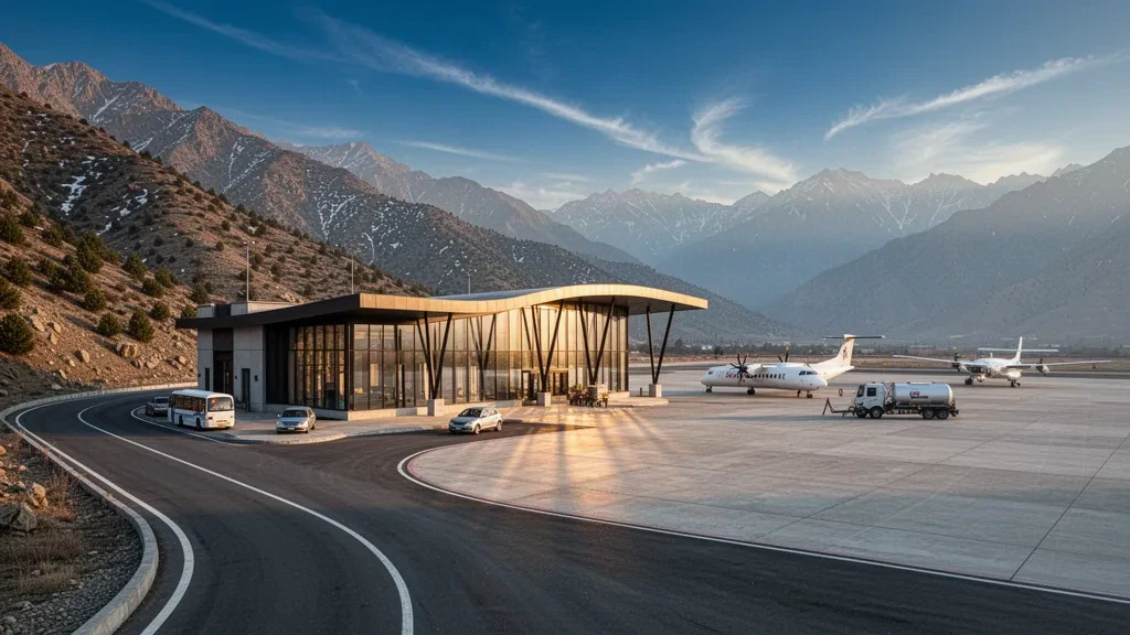 Modern glass terminal and sunlit apron at Taleqan Airport in Iran, framed by the snow-dusted ridges of the Alborz mountains at golden hour