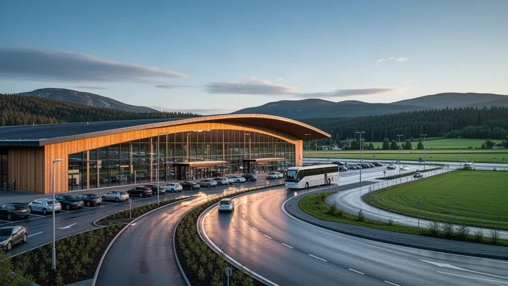 Exterior moderno de cristal y madera de la terminal del aeropuerto de Trondheim, Værnes, a la hora dorada, con carriles de descenso y colinas verdes al fondo.