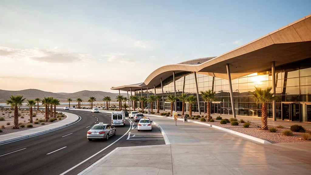 Torreón'daki Francisco Sarabia Tinoco Uluslararası Havalimanı'nda altın saatlerde modern cam havalimanı terminali dış cephesi ve yolcu indirme şeritleri