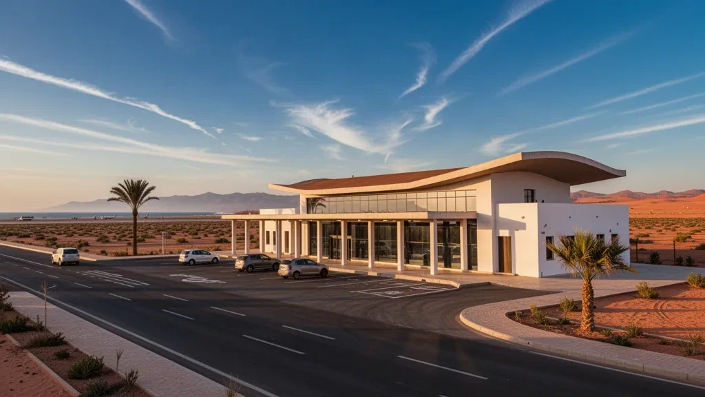 Extérieur moderne du terminal de l'aéroport de Tan Tan au Maroc à l'heure dorée, avec voie d'accès en bordure et horizon côtier aride