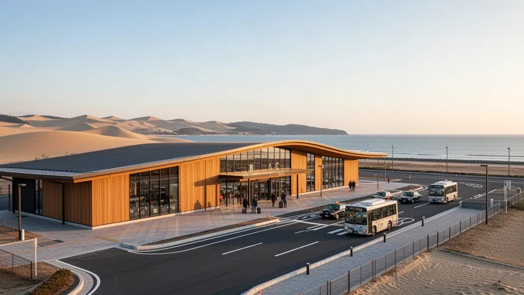 Exterior moderno de la terminal del Aeropuerto Conan de las Dunas de Tottori en Japón durante la hora dorada, con carril de descenso y vistas a la costa.