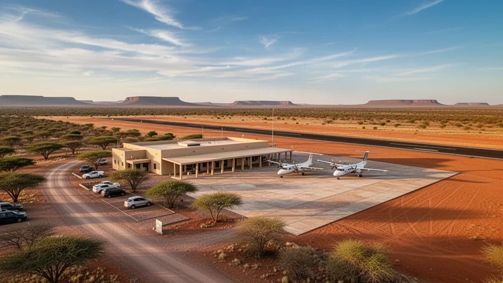 Piccolo terminal aeroportuale regionale e piazzale di sosta vicino a Tsumeb, Namibia, circondato dal bushveld arido nella calda luce del tardo pomeriggio