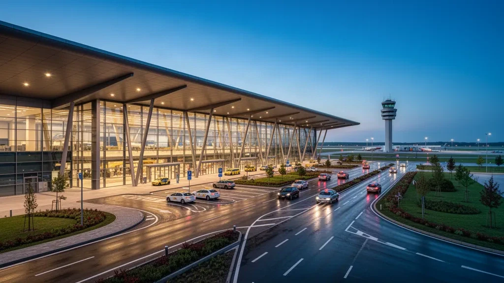 Modernes Terminalgebäude und Vorfahrtsbereiche am Internationalen Flughafen Timișoara Traian Vuia während der blauen Stunde.