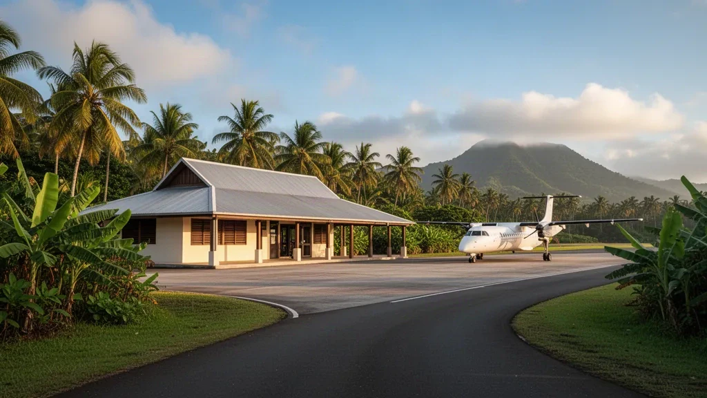 Terminal tropicale all'aperto dell'aeroporto di Matei sull'isola di Taveuni, Figi, incorniciato da palme con un piccolo turboelica parcheggiato sul piazzale