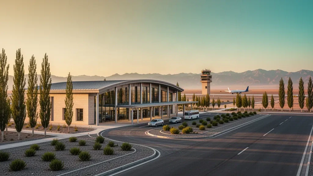 Esterno del terminal moderno e corsia di scarico all'Aeroporto di Tumxuk Tangwangcheng nello Xinjiang, incorniciati dalla luce del deserto nell'ora d'oro