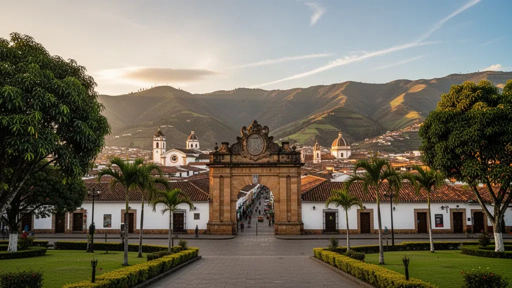 Golden-hour view of the Puerta de la Ciudad monument in Loja, Ecuador, with colonial rooftops and Andean ridges beyond