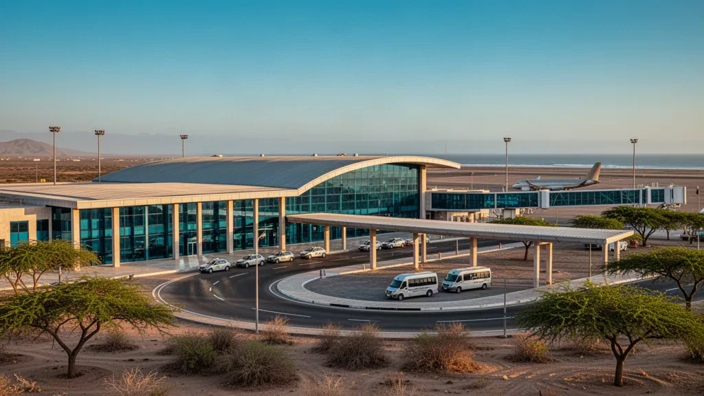 Terminal moderne en verre et voie de dépose à l'aéroport international Capitaine Víctor Montes Arias de Talara, au Pérou, sous une douce lumière dorée