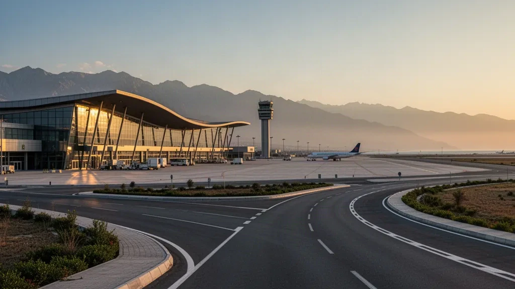 Adana, Türkiye yakınlarındaki İncirlik Hava Üssü'nde altın saatlerde parlayan modern cam havalimanı terminali ve apronu, arka planda dağlar
