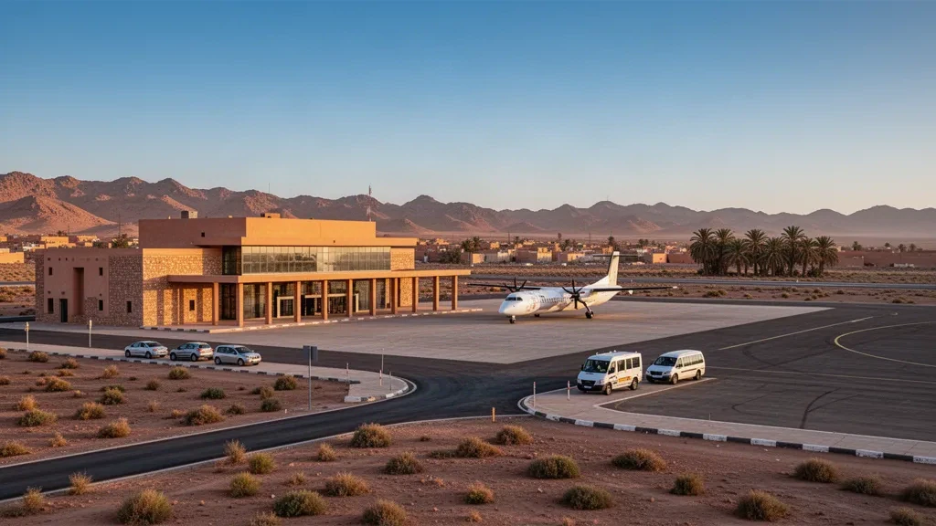 Terminal désertique de faible hauteur et tarmac de l'aéroport de Bouarfa dans l'est du Maroc, baignés d'une chaude lumière dorée avec des crêtes arides au-delà