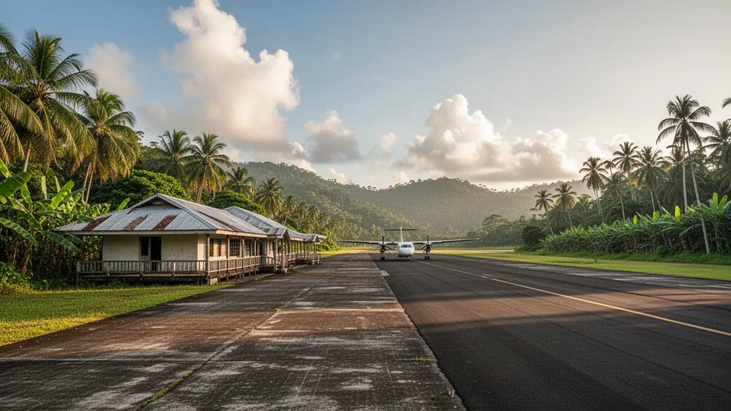 Piccola pista di atterraggio tropicale e basso edificio terminal all'aeroporto di Buin a Bougainville, Papua Nuova Guinea, circondati da palme e colline verdi