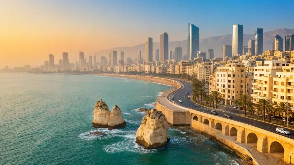 Skyline du front de mer de Beyrouth et littoral méditerranéen à l'heure dorée avec les rochers de Raouché et la corniche en bord de mer au Liban