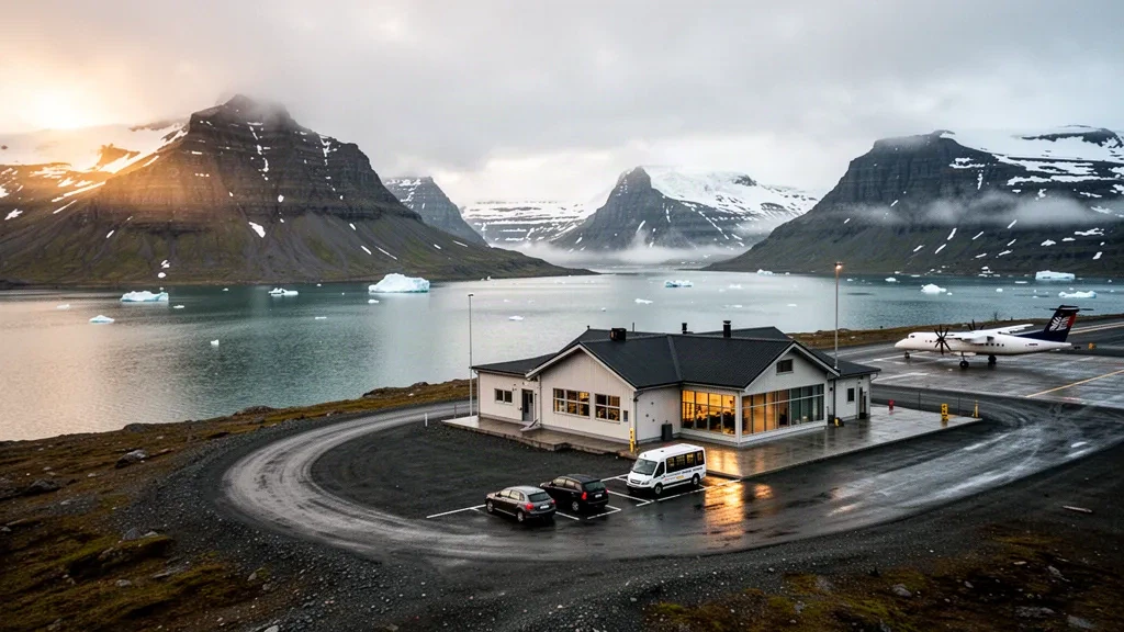 Abgelegenes Terminal des Flughafens Narsarsuaq in Grönland zwischen einem Fjord und schneebedeckten Bergen im Licht der goldenen Stunde