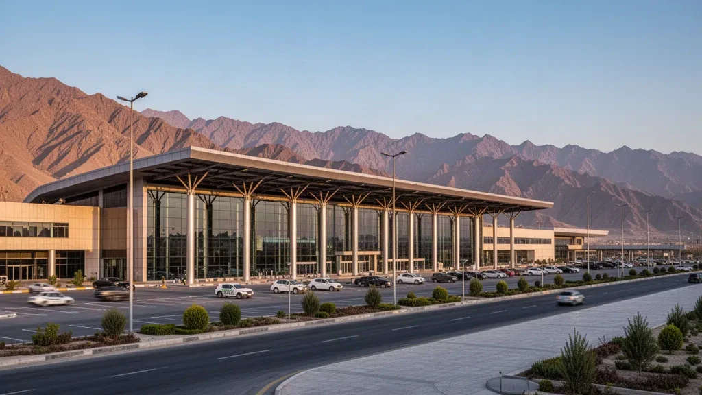 Außenansicht des Terminals des Internationalen Flughafens Quetta mit Bergkulisse und Zufahrtsstraßen zur goldenen Stunde in Belutschistan.