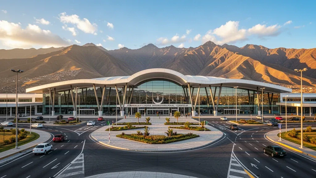 Modernes Terminalgebäude am internationalen Flughafen Mariscal Sucre in Quito mit Glasfassade, Zufahrtsstraßen und Andenbergen zur goldenen Stunde.
