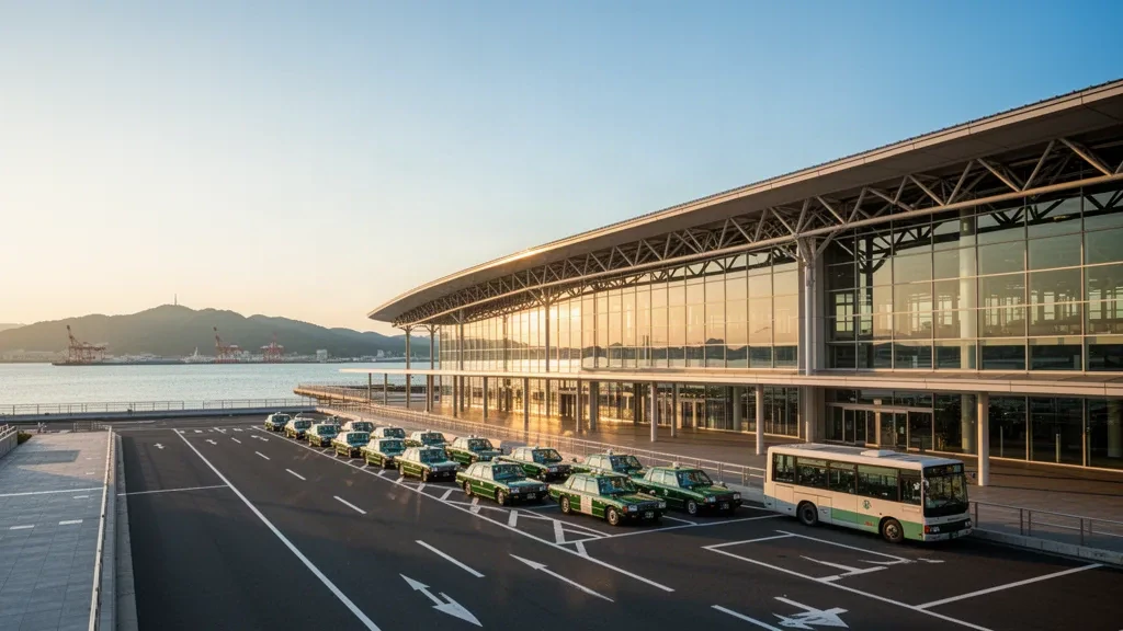 Moderna terminal de cristal del aeropuerto de Kobe con tejado curvo en su isla frente al mar en la bahía de Osaka a la hora dorada