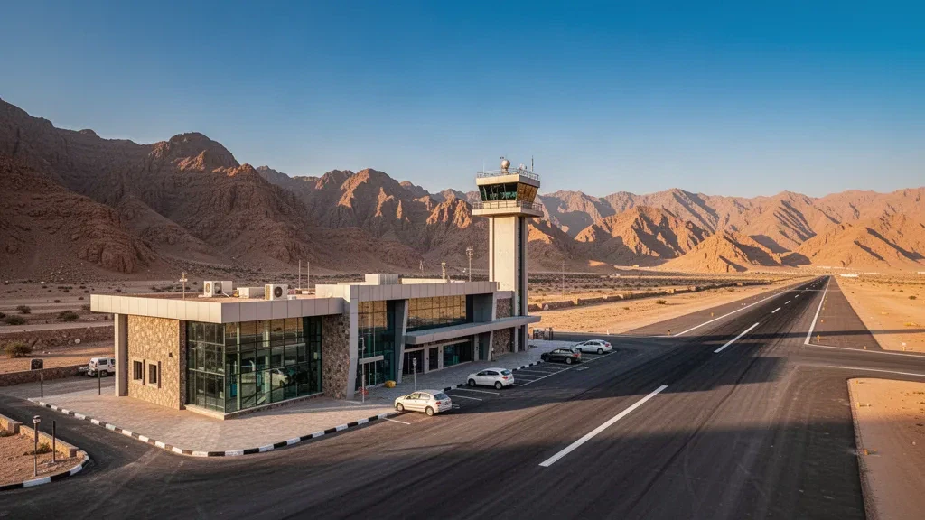 Esterno del terminal moderno dell'aeroporto di Mukeiras in Yemen, con pista di montagna e luce dell'ora d'oro
