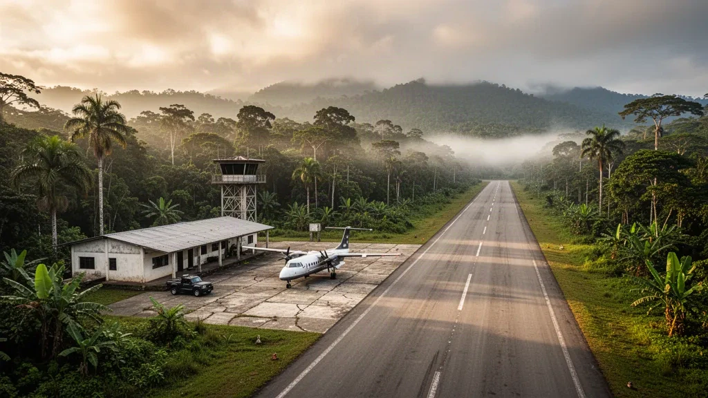 Piste d'atterrissage pavée et petits bâtiments terminaux de la base aérienne de Quincemil dans la forêt amazonienne péruvienne près de Cusco, au Pérou