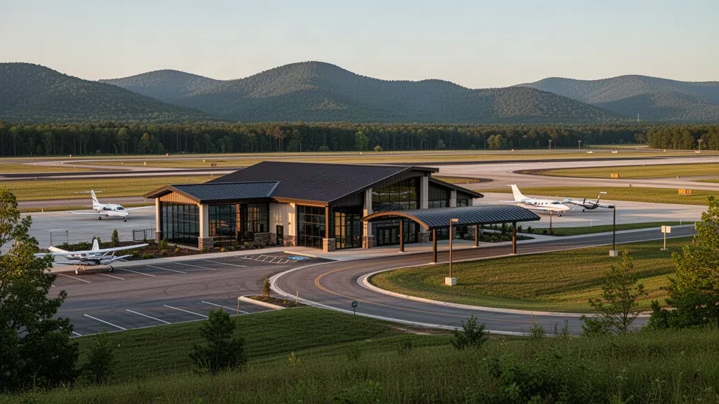 Terminal moderna y pista del aeropuerto municipal Mena Intermountain en Arkansas, rodeados por las boscosas montañas Ouachita en la hora dorada.