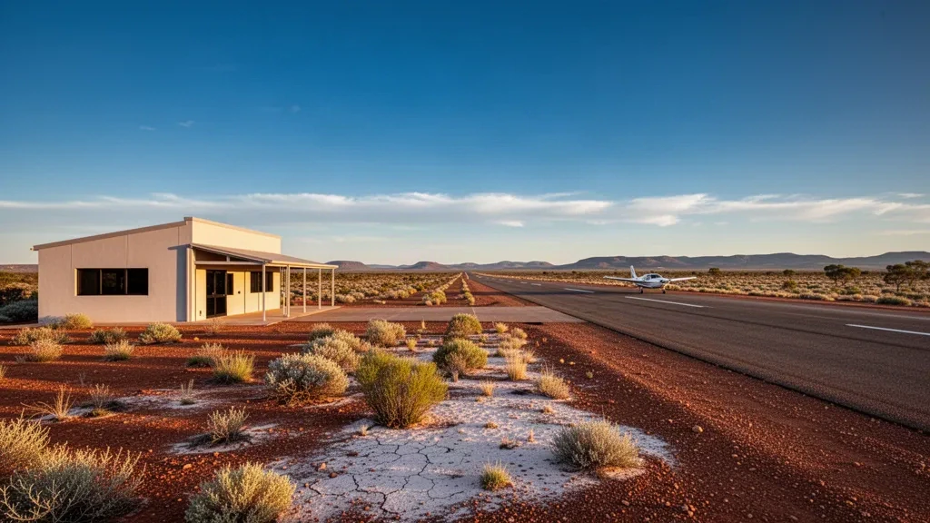 Wide view of Woomera Airfield in outback South Australia, with its remote runway, low terminal building and red desert scrub under a clear sky.