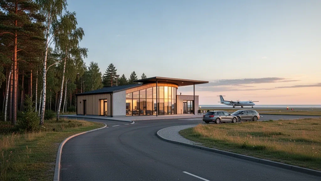 Terminal moderna de cristal del aeropuerto de Kuressaare en la isla de Saaremaa, Estonia, a la hora dorada con carriles de descenso tranquilos