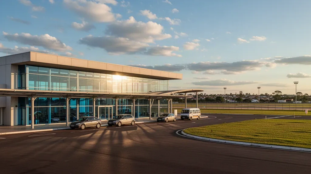 Terminal moderna de vidrio y tranquilo carril de descenso en el Aeropuerto Rubem Berta en Uruguaiana, Brasil, con cálida luz de final de la tarde.