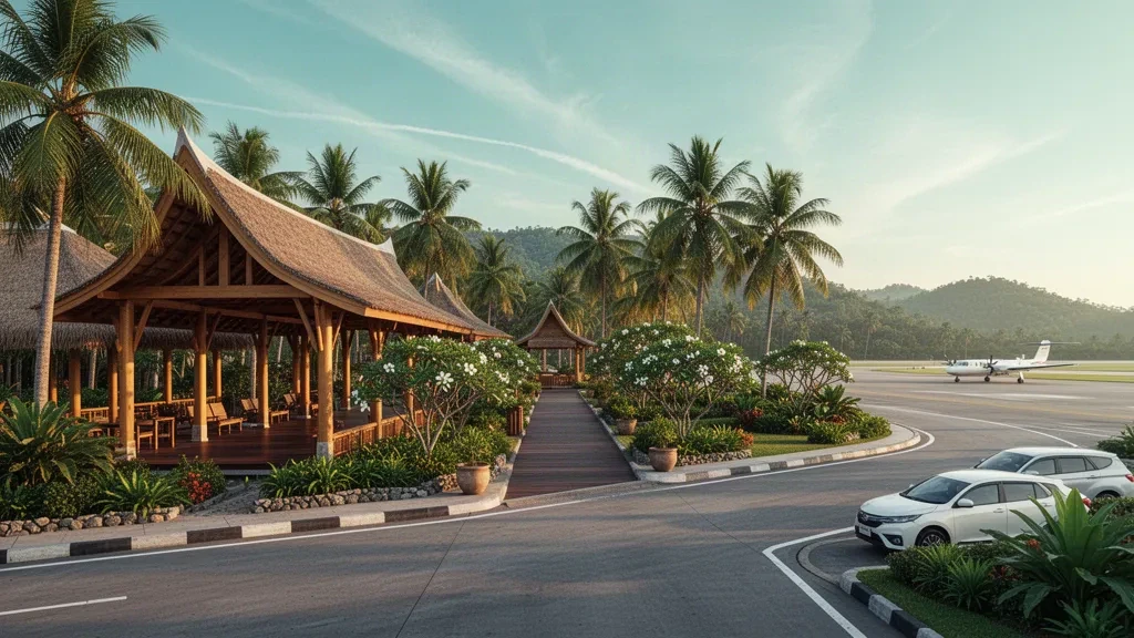 Jardins tropicaux à ciel ouvert et passerelles en bois du terminal de l'aéroport international de Samui à Koh Samui, en Thaïlande, à l'heure dorée
