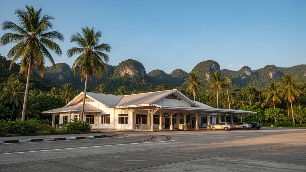 Busuanga, Palawan'daki Francisco B. Reyes Havalimanı'nda palmiye ağaçları ve yeşil kireçtaşı tepelerle çevrili tropikal havalimanı terminalinin dış görünümü