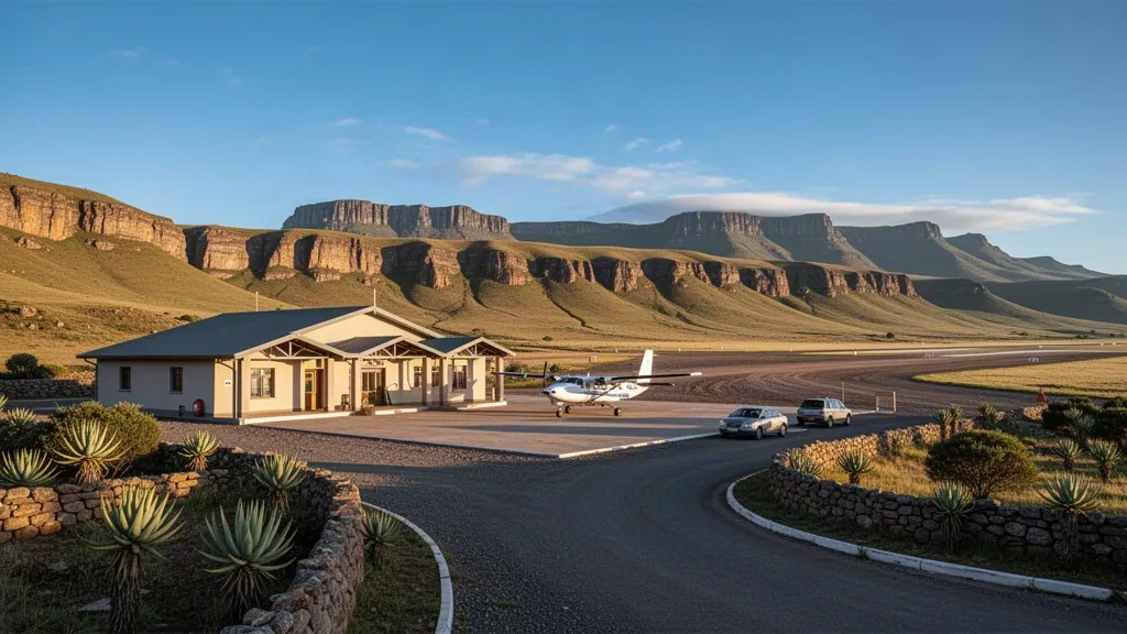 Güney Lesotho'da Quthing yakınlarındaki küçük yayla havalimanı terminali, apron ve çakıl pist, altın saatte kumtaşı dağlarla çevrili