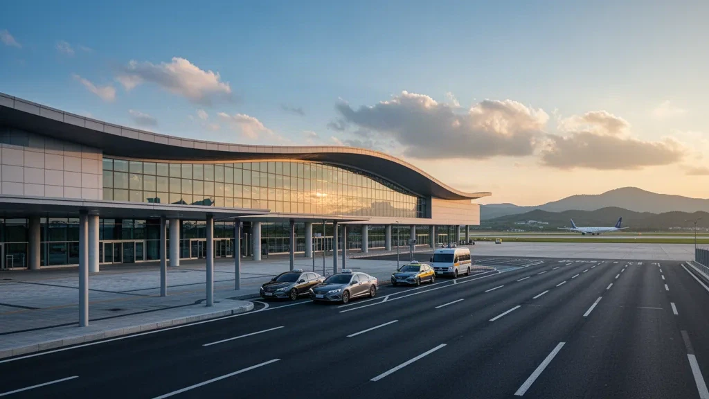 Esterno moderno del terminal in vetro dell'aeroporto di Ulsan in Corea del Sud con corsie per la sosta, veicoli e montagne sullo sfondo durante l'ora d'oro