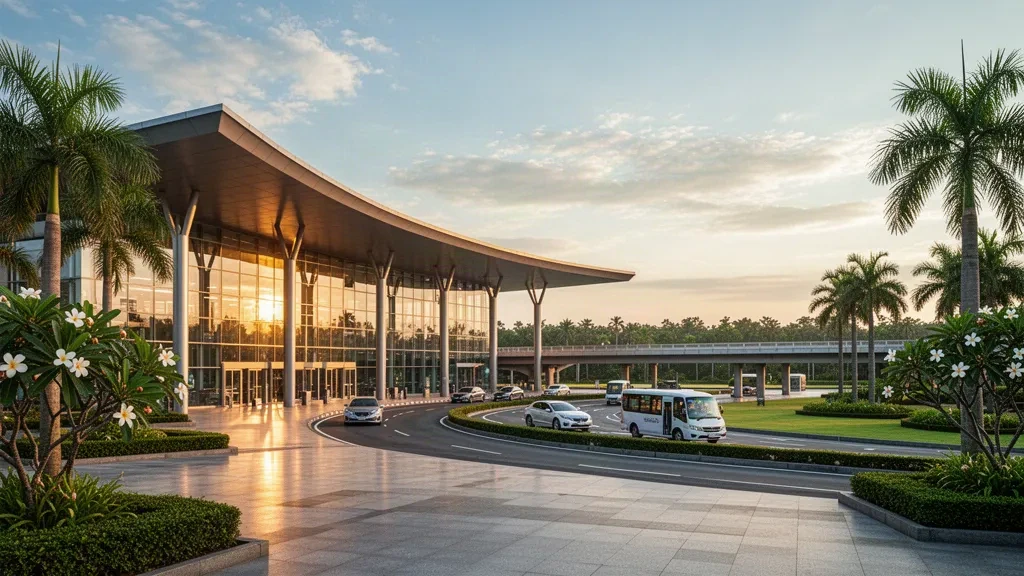 Moderne Glasfassade des Terminals am Internationalen Flughafen Udon Thani in Thailand, die zur goldenen Stunde mit tropischer Bepflanzung und einer Vorfahrtspur leuchtet