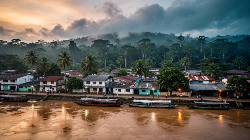 Riverside view of Puerto Francisco de Orellana, El Coca, on the Napo River in Orellana Province, Ecuador, at golden hour