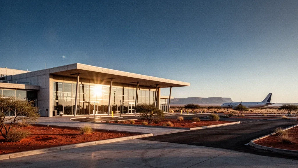 Terminal moderne en verre et auvent de dépose à l'aéroport d'Upington dans le Cap-Nord, éclairés par la lumière chaude de l'heure dorée