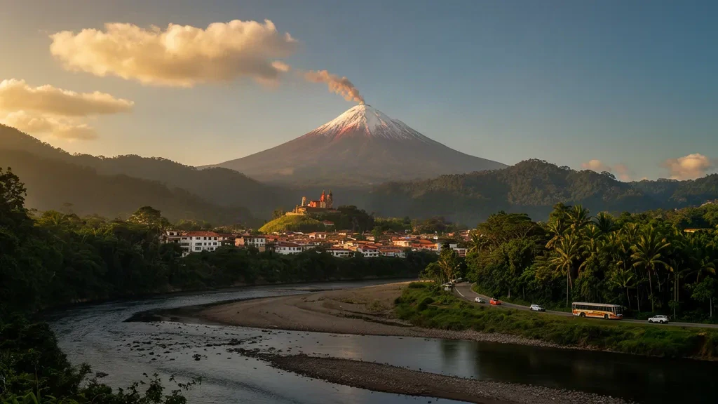 Vista de Macas y el río Upano en Morona Santiago, Ecuador, durante la hora dorada, con el volcán Sangay cubierto de nieve elevándose sobre la selva amazónica
