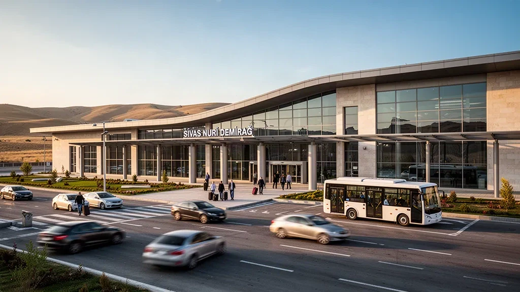 Türkiye'deki Sivas Nuri Demirağ Havalimanı'nda sıcak akşamüstü ışığıyla yıkanan modern cam terminal ve indirme-bindirme şeritleri.