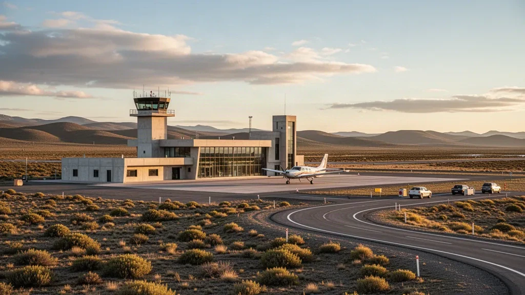 Pequeña terminal de aeropuerto regional y pista en la estepa patagónica cerca de Valcheta, Río Negro, Argentina, durante la hora dorada.