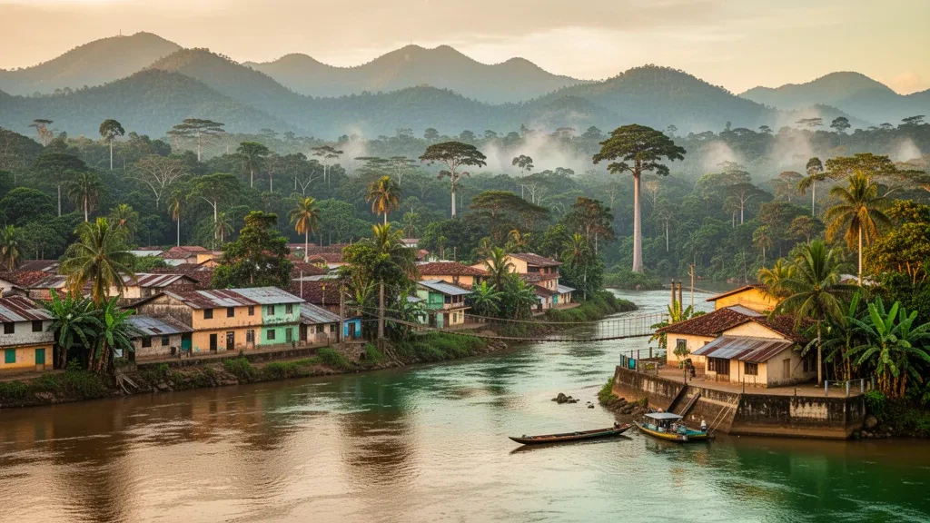 Golden-hour view of Tena on the Napo River in Ecuador's Amazon rainforest, with riverside rooftops, dense jungle canopy and misty Andean foothills.