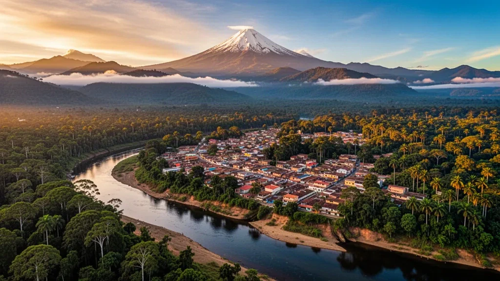 Vue aérienne de Macas, Morona-Santiago, Équateur, avec le fleuve Upano et la forêt amazonienne à l'heure dorée.