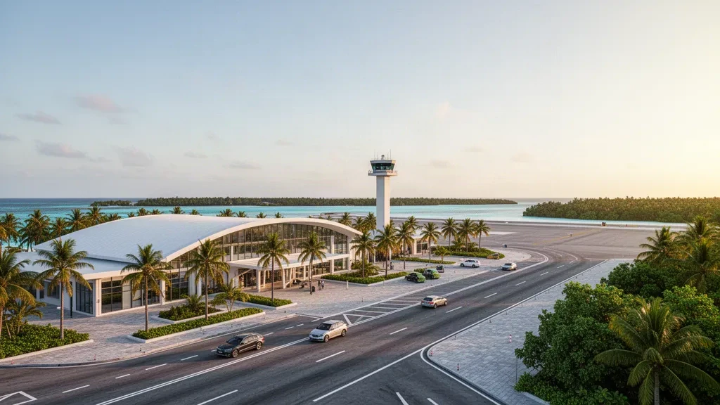 Esterno del moderno terminal dell'aeroporto internazionale Villa di Maamigili nelle Maldive, con palme, corsie per la sosta e luce solare tropicale.
