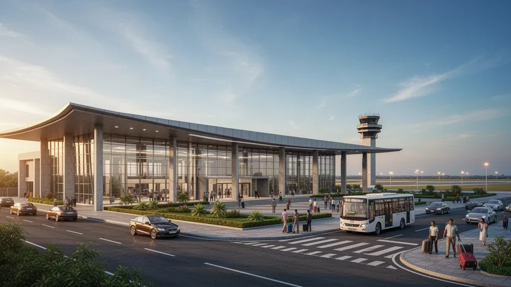 Extérieur d'un terminal moderne et voie de dépose à l'aéroport de Jindal Vijaynagar, dans le Karnataka, à l'heure dorée.