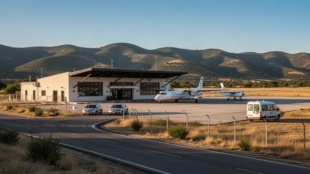 Small regional terminal and apron at Villa Dolores Airport in Córdoba, Argentina, with light aircraft and Sierras de Córdoba hills behind