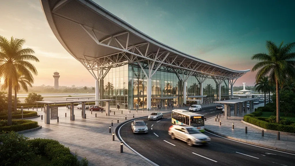 Andhra Pradesh'teki Vijayawada Uluslararası Havalimanı'nda altın saatlerde palmiyelerle çevrili modern cam terminal ve indirme şeritleri