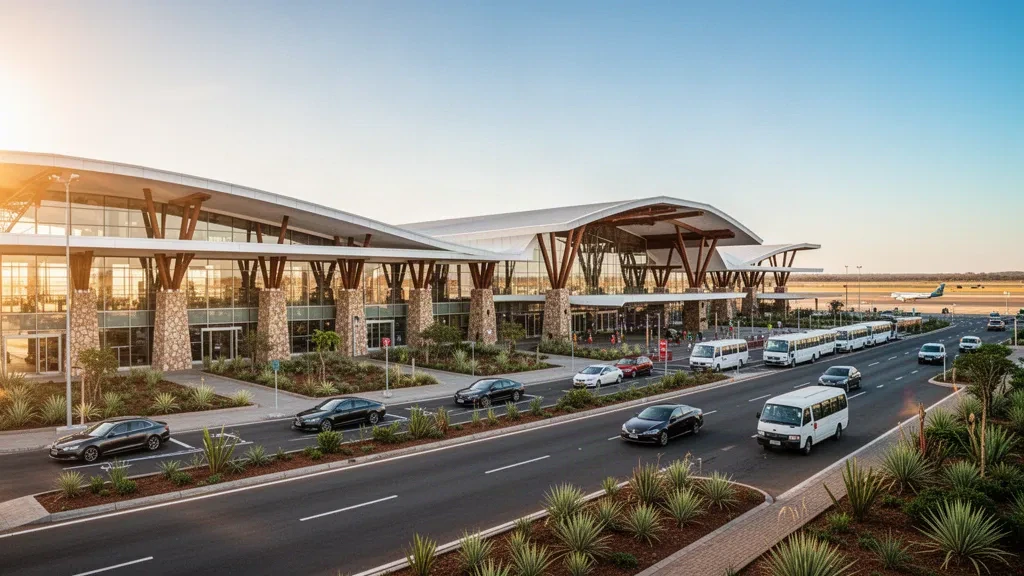Extérieur moderne d'un terminal en verre et voies de dépose à l'aéroport international Victoria Falls au Zimbabwe à l'heure dorée