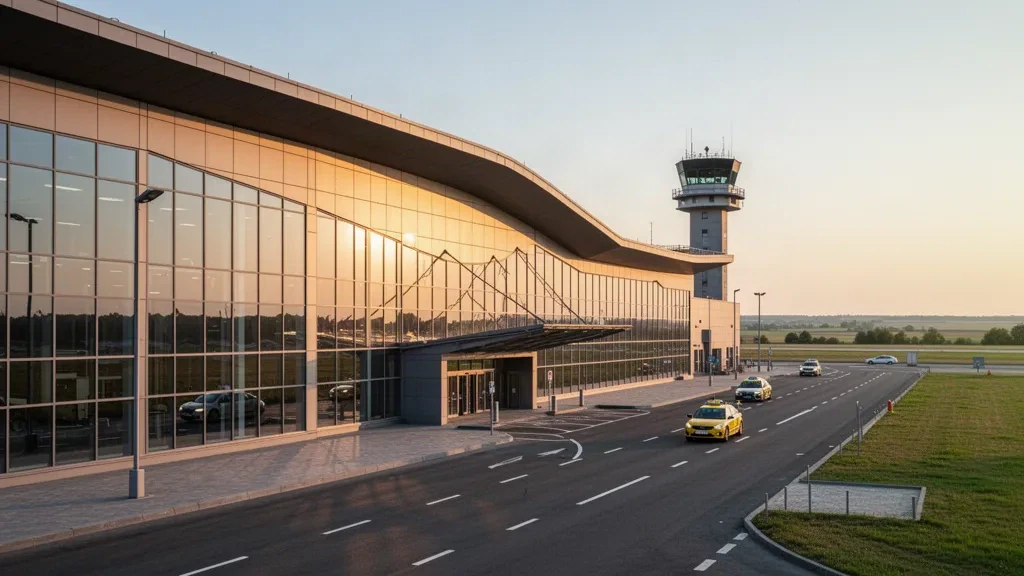 Ukrayna'daki Vinnitsa/Gavyryshivka Uluslararası Havalimanı'nda gün batımı saatlerinde modern cam terminal binasının dış görünümü.