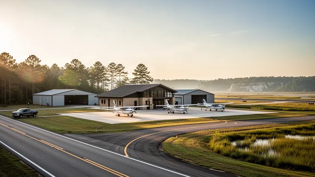 Golden-hour view of the general aviation apron and low terminal building at Vicksburg Municipal Airport in Mississippi