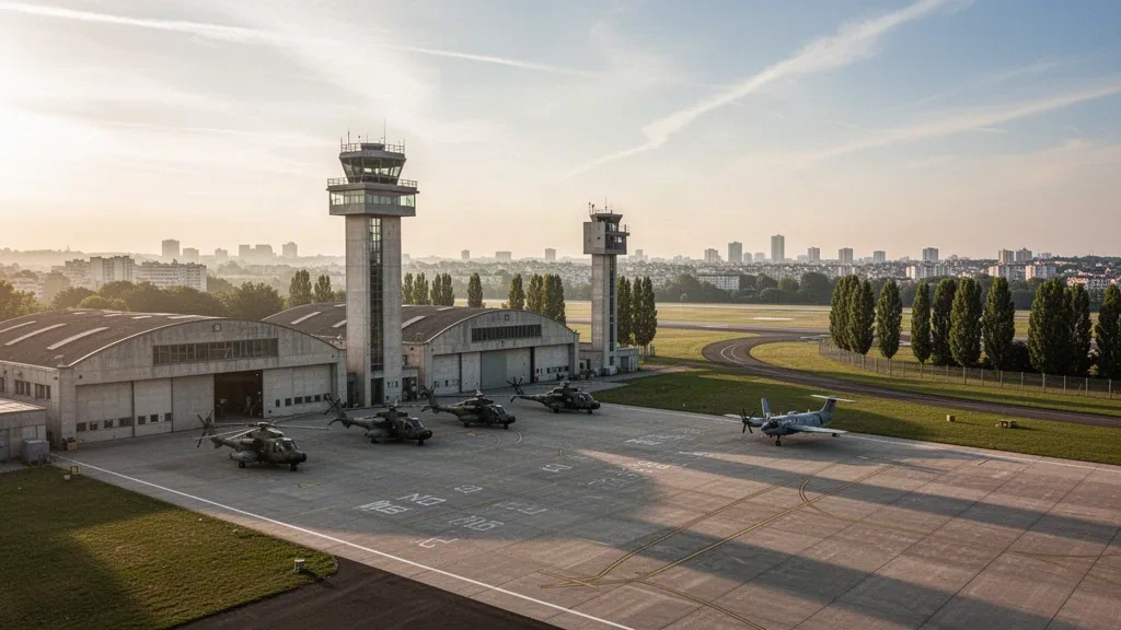 Paris yakınlarındaki Vélizy-Villacoublay Hava Üssü'nde sıcak altın saat ışığında aprondaki helikopterler ve hangarlar.