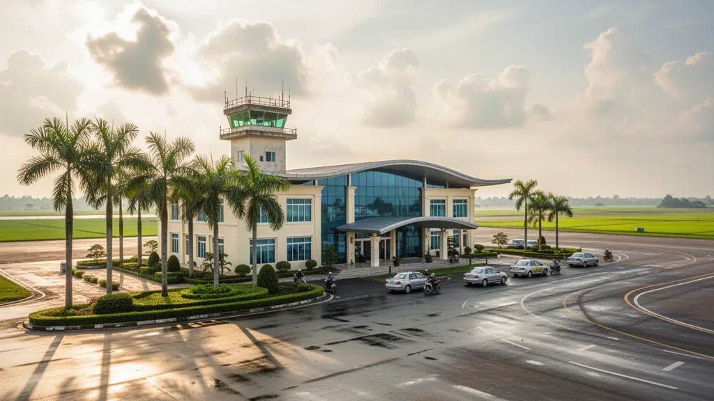 Vietnam'ın Mekong Deltası'nda altın saatlerde Rach Gia Havaalanı terminal ön alanı; palmiye ağaçlarıyla çevrili bırakma şeritleri, taksiler ve tropikal ışık.