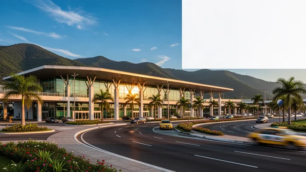 Moderno terminal in vetro e corsia di sosta per la discesa passeggeri all'aeroporto internazionale Arturo Michelena di Valencia, Venezuela, con montagne tropicali all'ora d'oro
